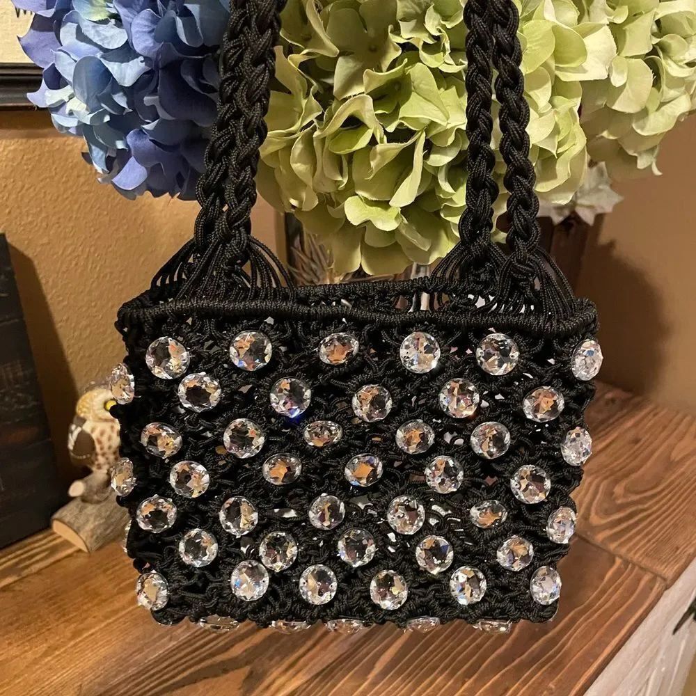 ZARA Black Crocheted Rhinestone Jeweled Evening Purse